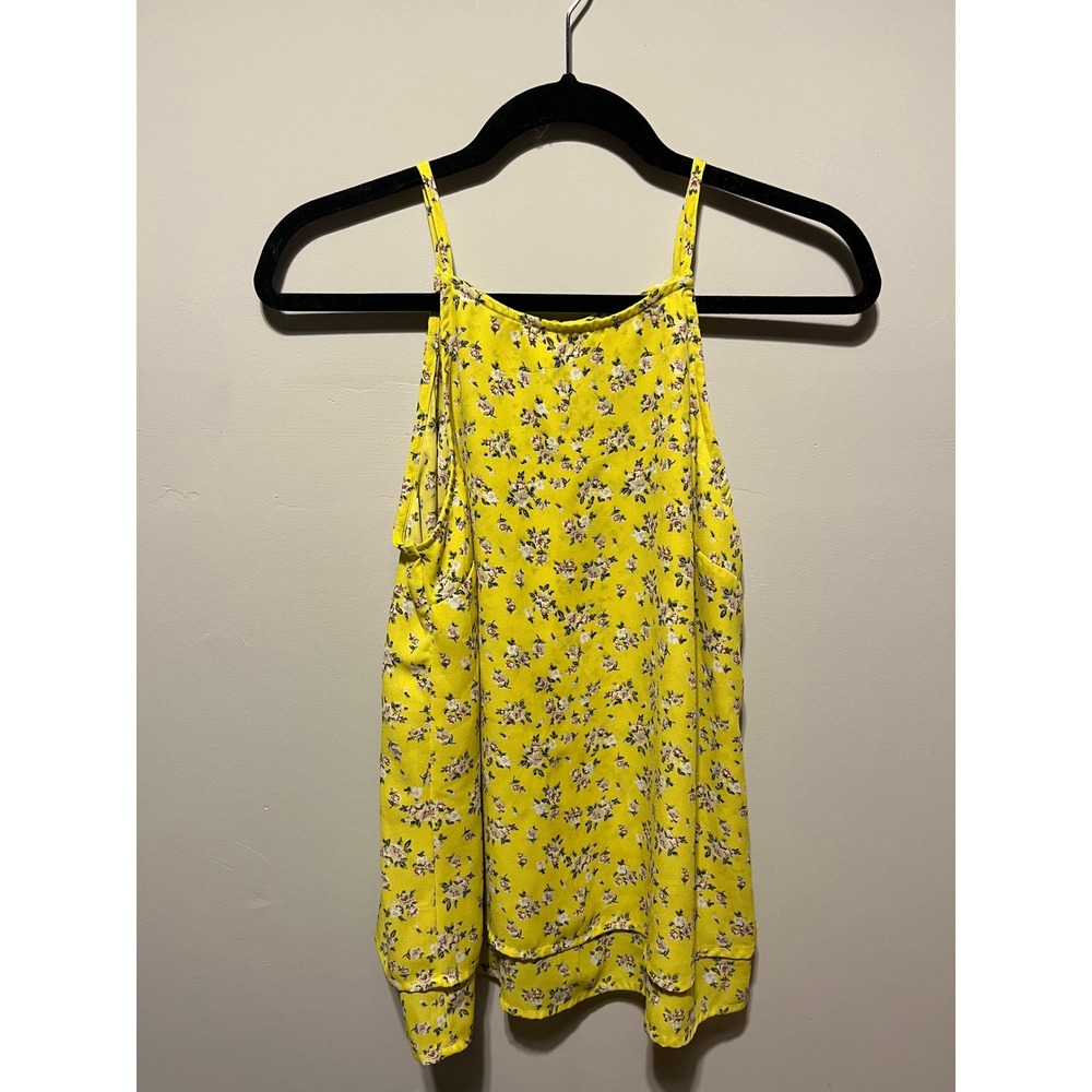 Blue Rain Yellow Floral Halter Neck Cami Top Tiered Hem Sleeveless Blouse Small
